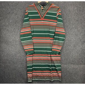 True Vintage 60s 70s V Neck Long Sleeve Dress Green Orange Chevron Shift Mod MCM